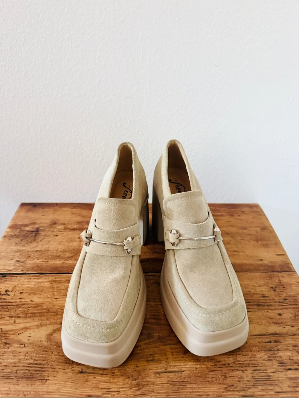 Free People Double Stacked Platform Loafers Tan Suede Horsebit Trim